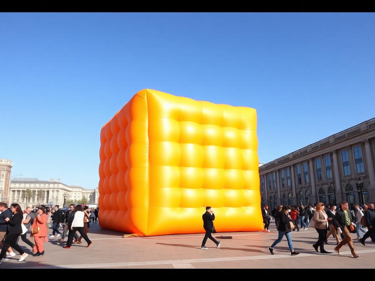 Giant custom advertising inflatable display on a public plaza during a brand promotion