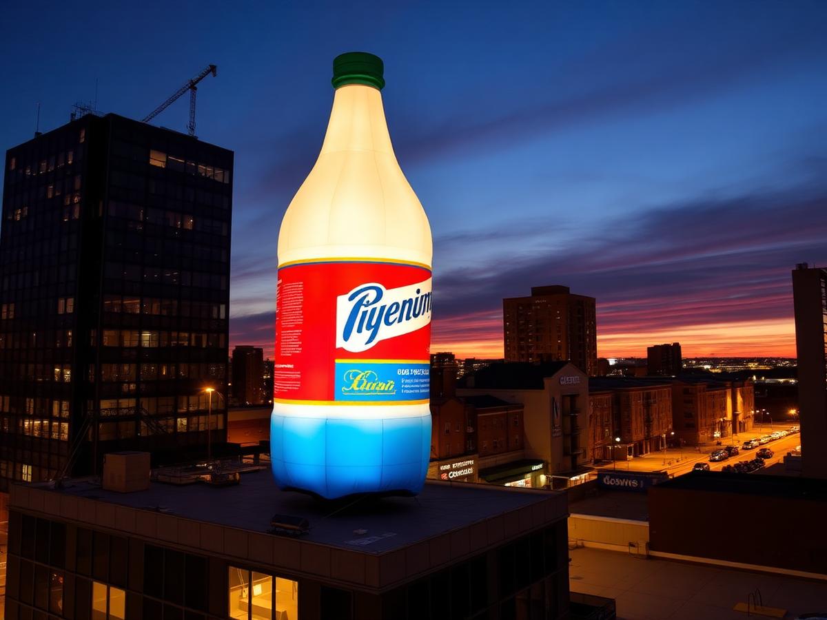 Giant custom inflatable product replica installed on a commercial rooftop at dusk