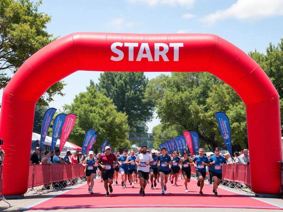 Large red inflatable arch at the start line of an outdoor running event