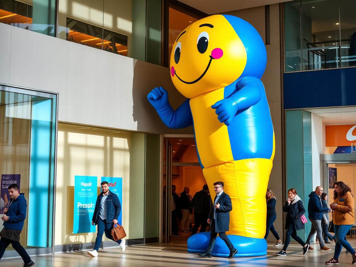 Large inflatable mascot character standing at a shopping mall entrance