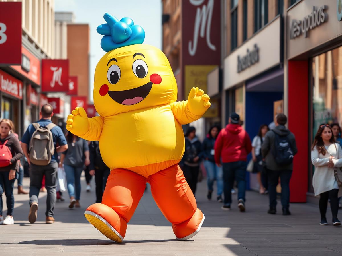 Person wearing a walking inflatable costume promoting a brand on a busy shopping street